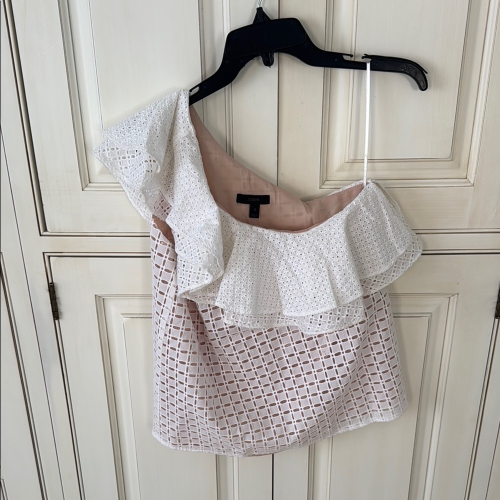 J.Crew White and Pink One-Shoulder Top